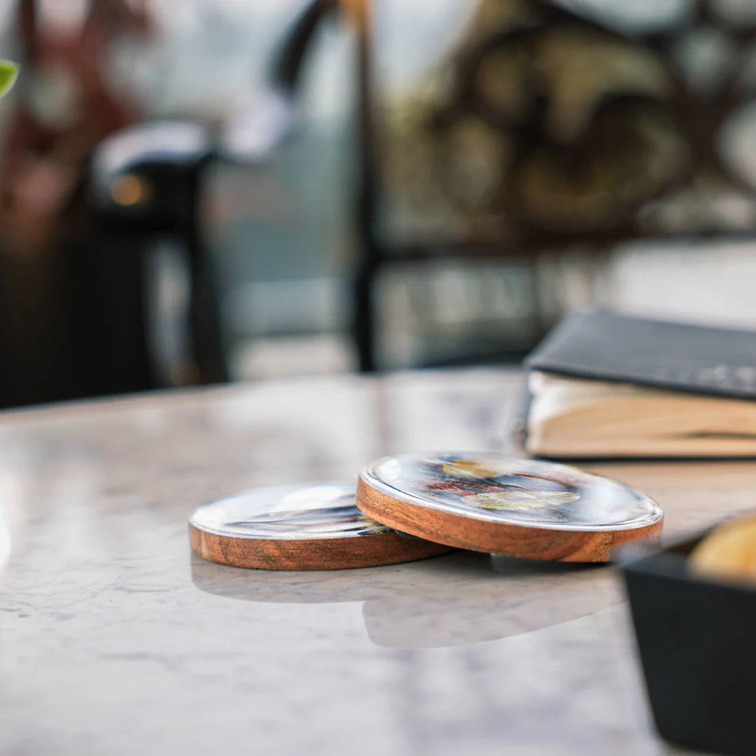 Ireka Homes Forest Floor Coaster Set – Acacia Wood & Enamel – Ideal for Coffee Tables, Desks, & Gifting