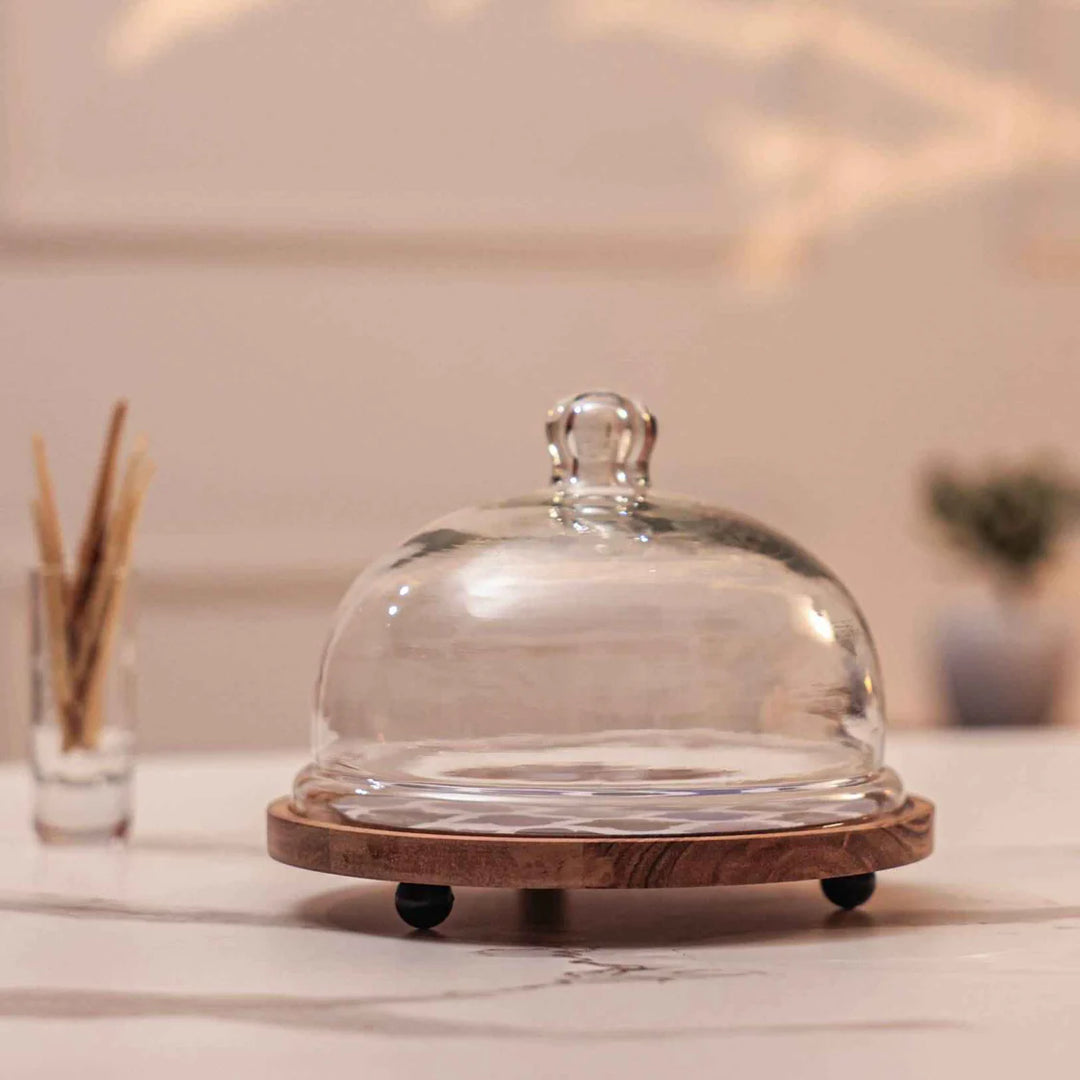 Ireka Homes Frosty Bliss Acacia Wood Cake Stand with Glass Dome – Handmade, Sustainable, Foodsafe – Perfect for Cakes, Fruits, and Snacks