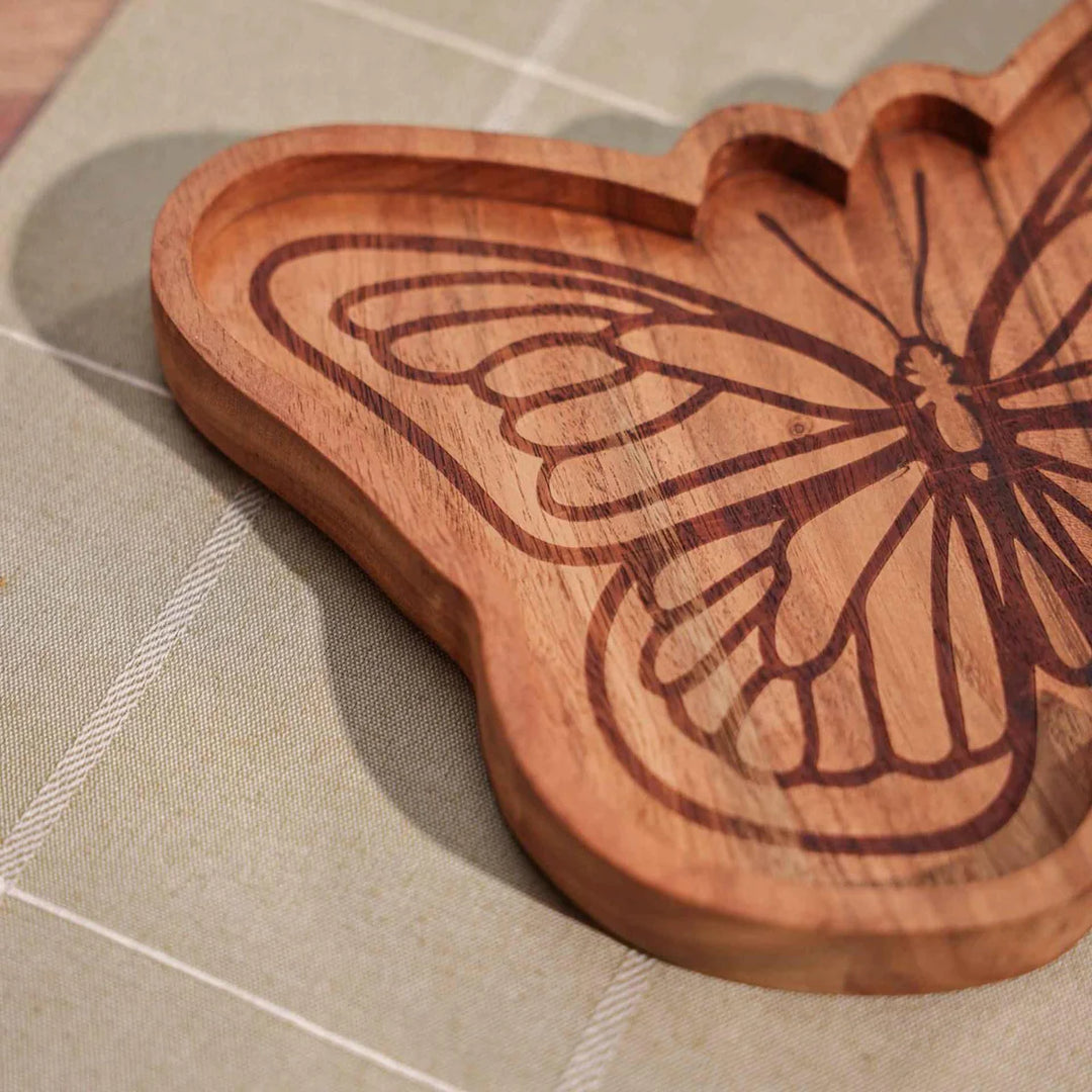 Ireka Homes Multi-Purpose Butterfly Effect Serving Platter - Premium Acacia Wood Platter - Decorative Kitchen Platter for Serving Food, Drinks, Coffee, and Cheese (10.5x8 inches)