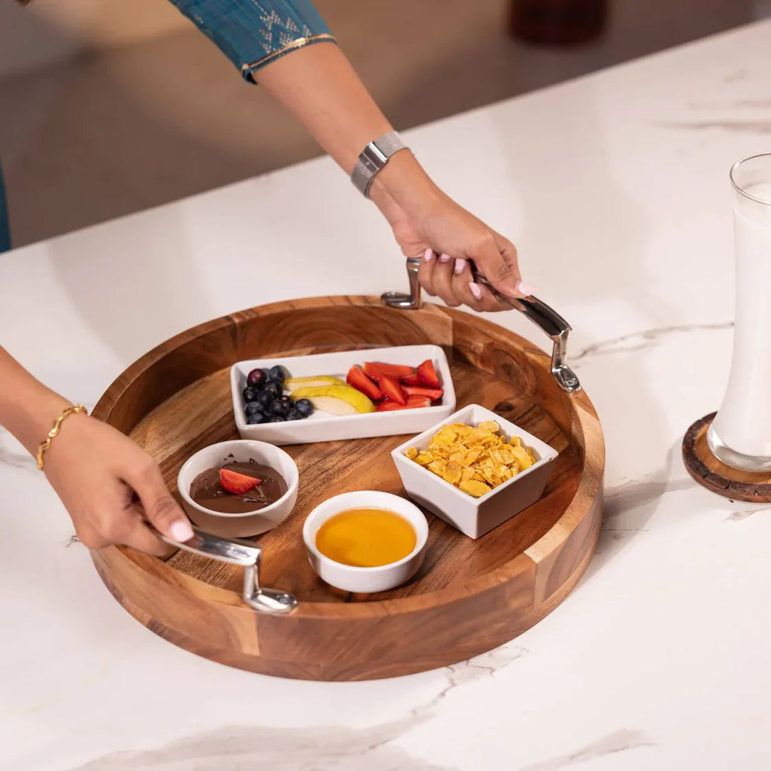 Ireka Homes Multi-Purpose Athithi Serving Tray – Premium Acacia Wood Tray – Decorative Kitchen Tray for Serving Food, Drinks, Coffee, and Cheese (14 inches)