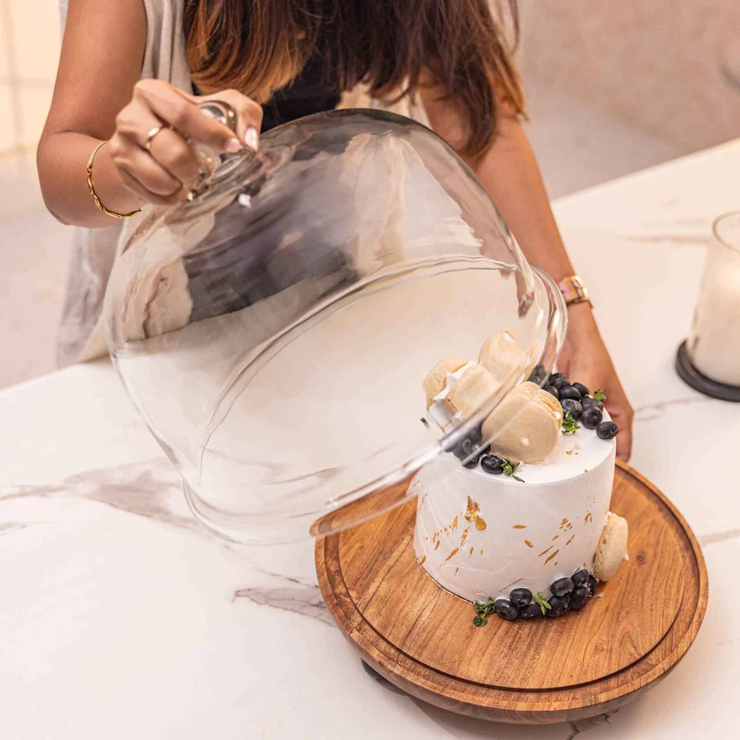 Ireka Homes Pastry Pod Acacia Wood Cake Stand with Glass Dome – Handmade, Sustainable, Foodsafe – Perfect for Cakes, Fruits, and Snacks