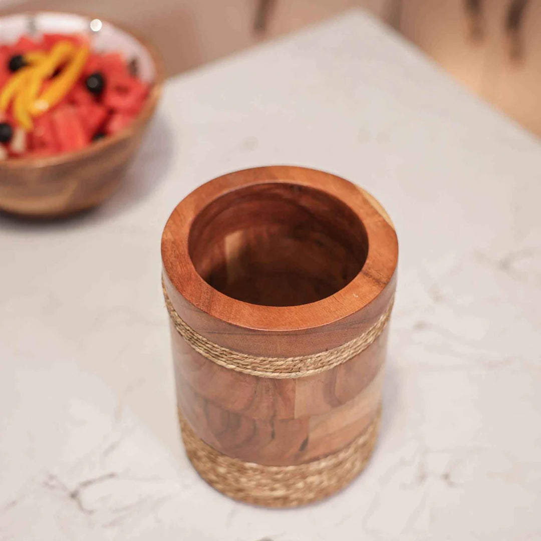 Ireka Homes Rustic Roll Utensils Holder - Handcrafted Acacia Wood Utensil Utensils Holder - Durable Utensil Organizer for Spatulas, Ladles & Cooking Tools