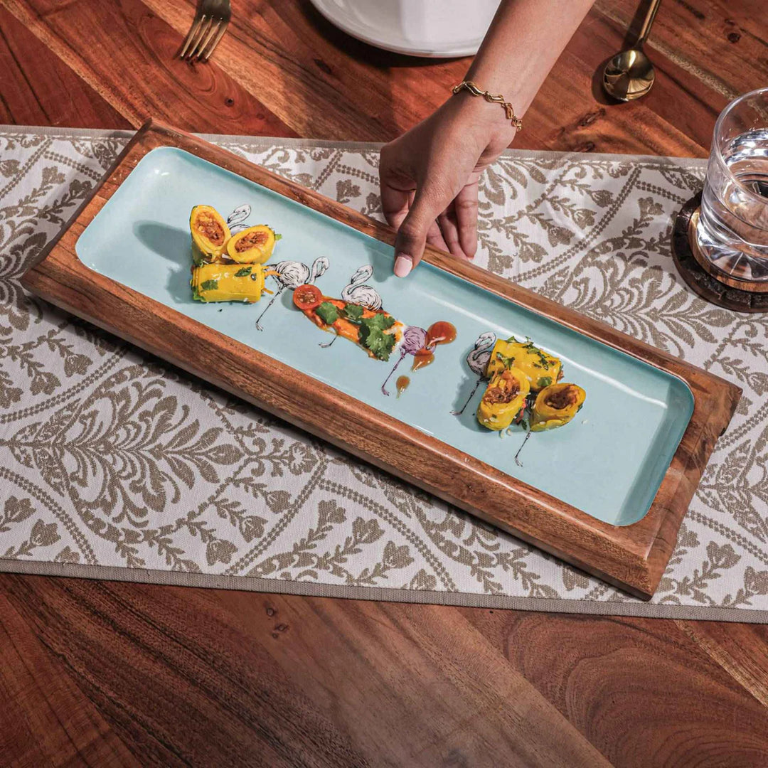 Ireka Homes Multi-Purpose Flamingo Fiesta Serving Platter - Premium Acacia Wood Platter With Enamel Coating - Decorative Kitchen Platter for Serving Food, Drinks, Coffee, and Cheese (17x6 inches)