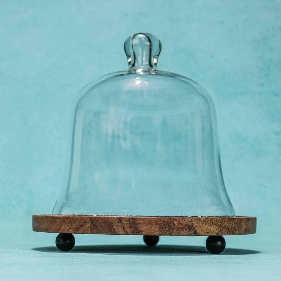 Ireka Homes Candy Cloud Acacia Wood Cake Stand with Glass Dome – Handmade, Sustainable, Foodsafe – Perfect for Cakes, Fruits, and Snacks
