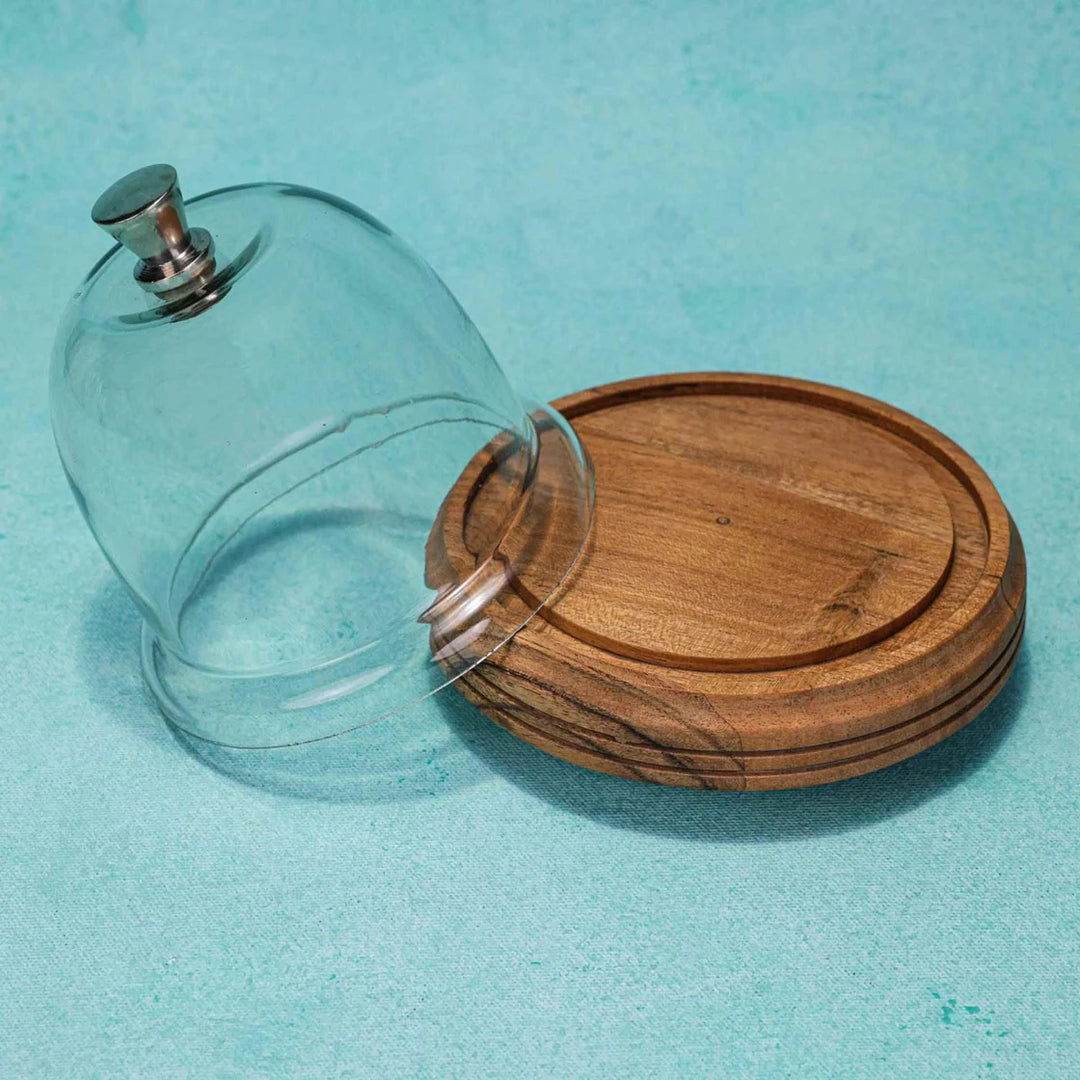 Ireka Homes Candy Glow Acacia Wood Cake Stand with Glass Dome – Handmade, Sustainable, Foodsafe – Perfect for Cakes, Fruits, and Snacks