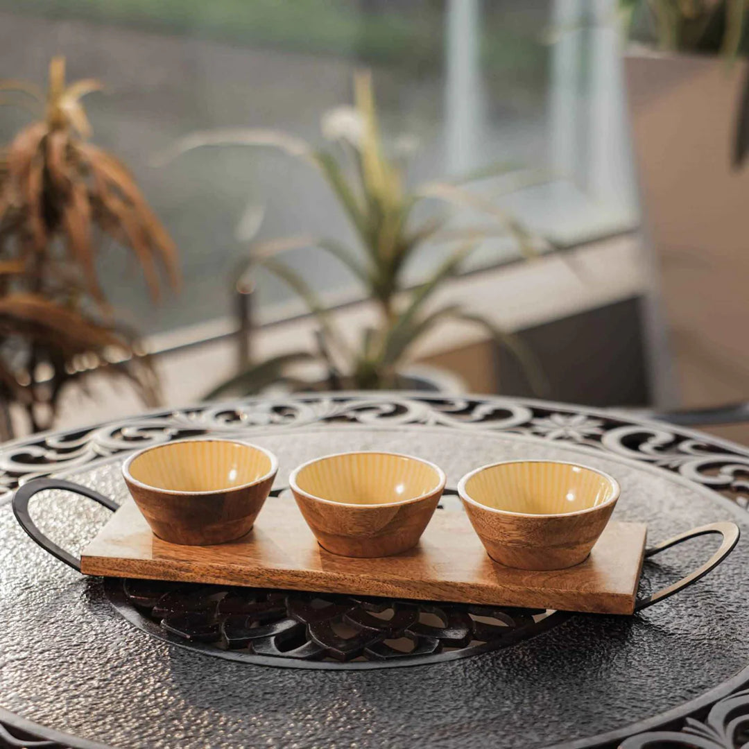 Ireka Homes Handcrafted Tripple Treat Serving Bowls - Multipurpose Mango Wood Bowls With Enamel - Durable Bowls for Serving Food, Snacks, and Desserts (19x5 inches)