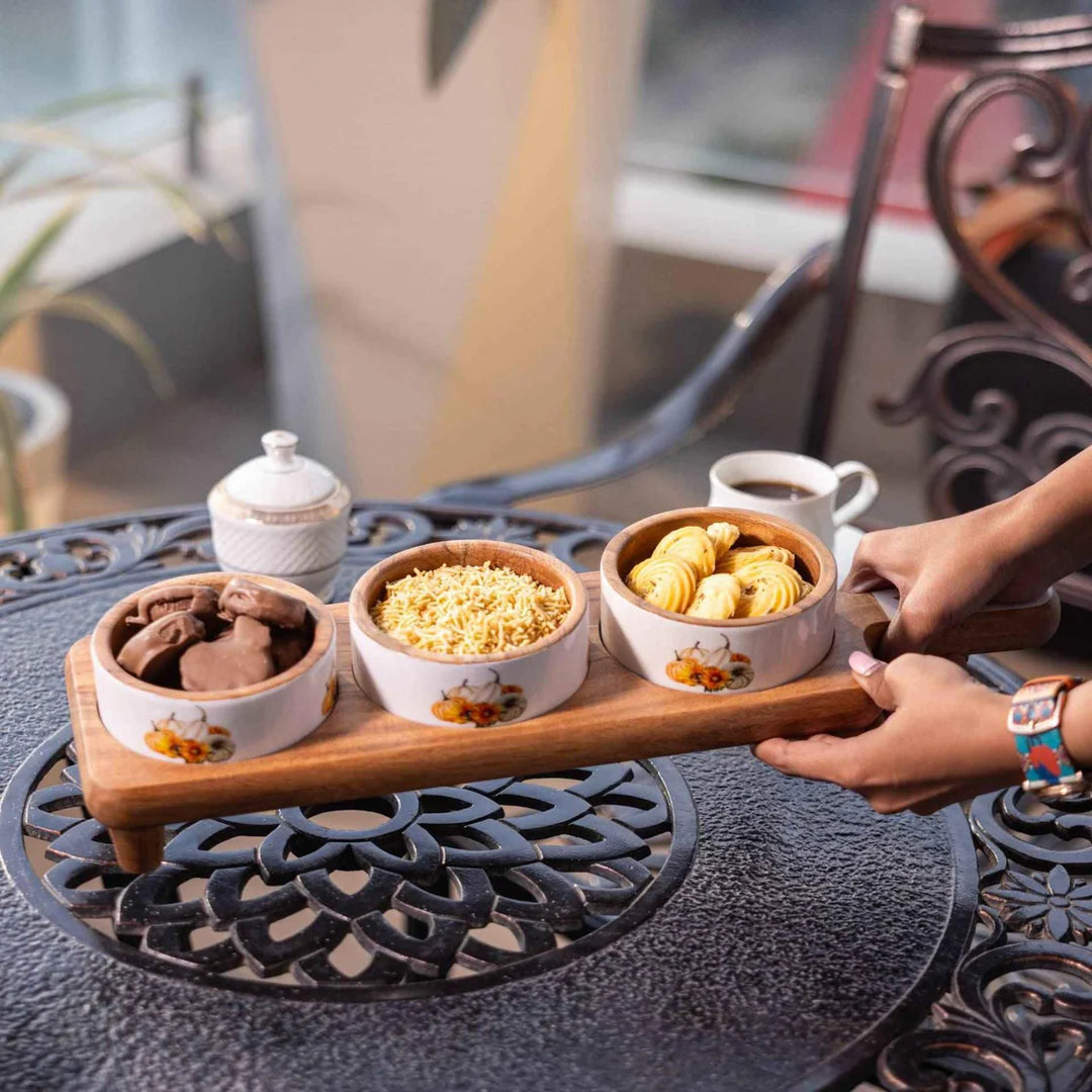 Ireka Homes Handcrafted Dip Trip Serving Bowls - Multipurpose Acacia Wood Bowls With Enamel - Durable Bowls for Serving Food, Snacks, and Desserts (18x5 inches)