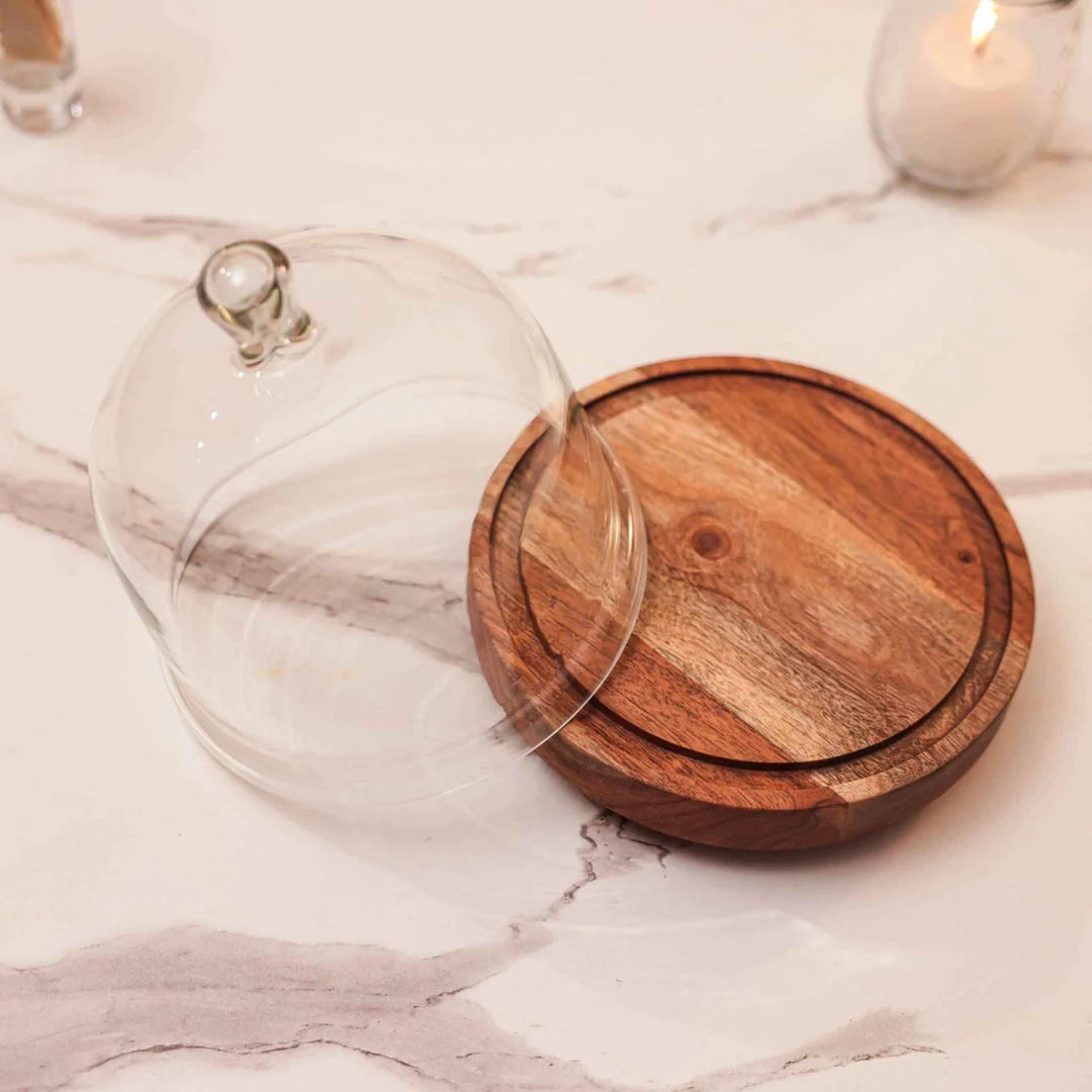 Ireka Homes Sweet Haven Acacia Wood Cake Stand with Glass Dome – Handmade, Sustainable, Foodsafe – Perfect for Cakes, Fruits, and Snacks
