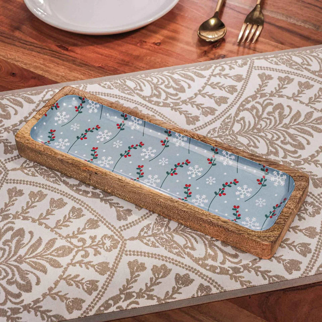 Ireka Homes Multi-Purpose Bluetiful Bites Serving Platter - Premium Mango Wood Platter With Enamel Coating - Decorative Kitchen Platter for Serving Food, Drinks, Coffee, and Cheese (12x4 inches)