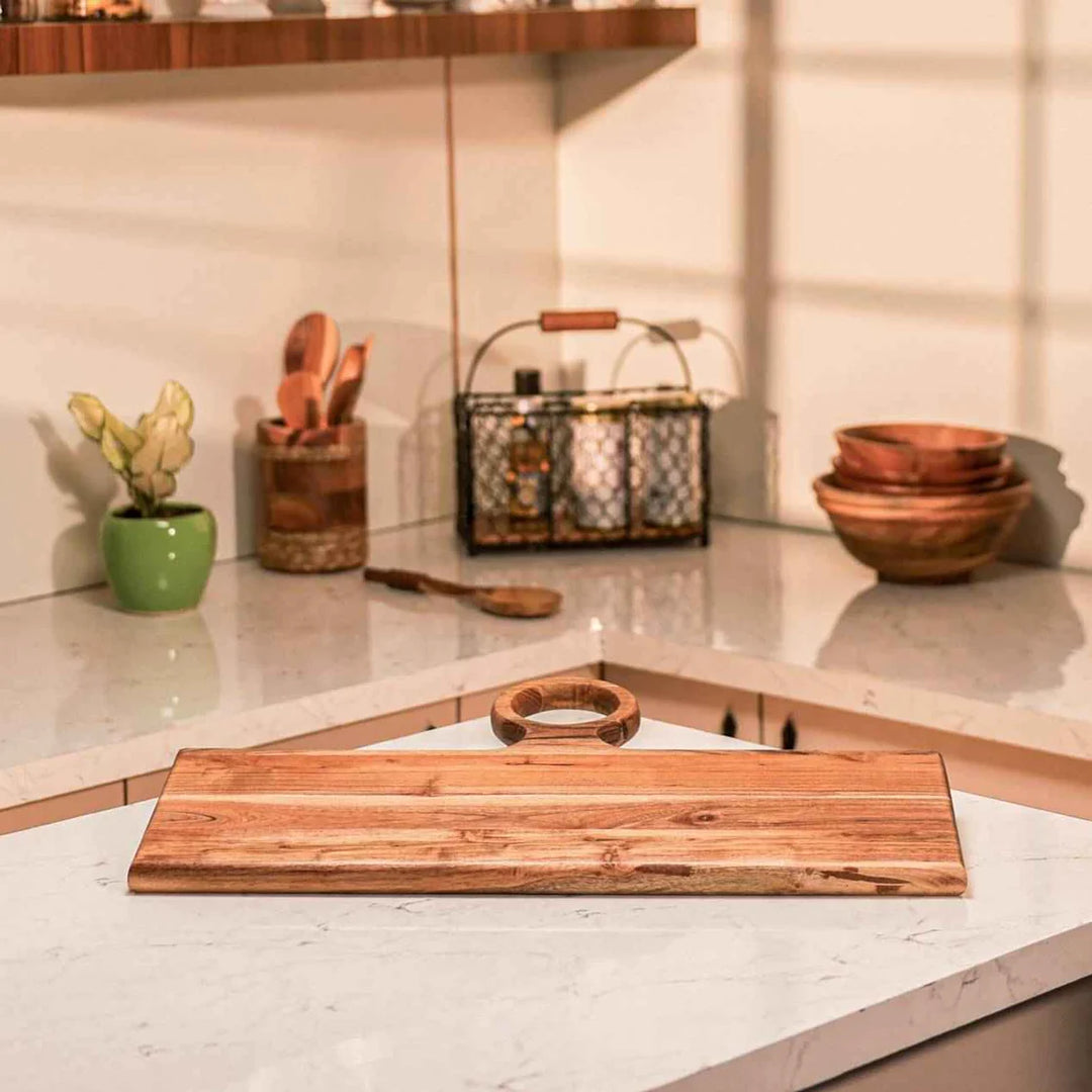 Ireka Homes Knivio Acacia Wood Chopping Board - Handmade, Sustainable, Cut-Resistant - Side Handle - Perfect for Vegetables, Meat, Cheese & Serving