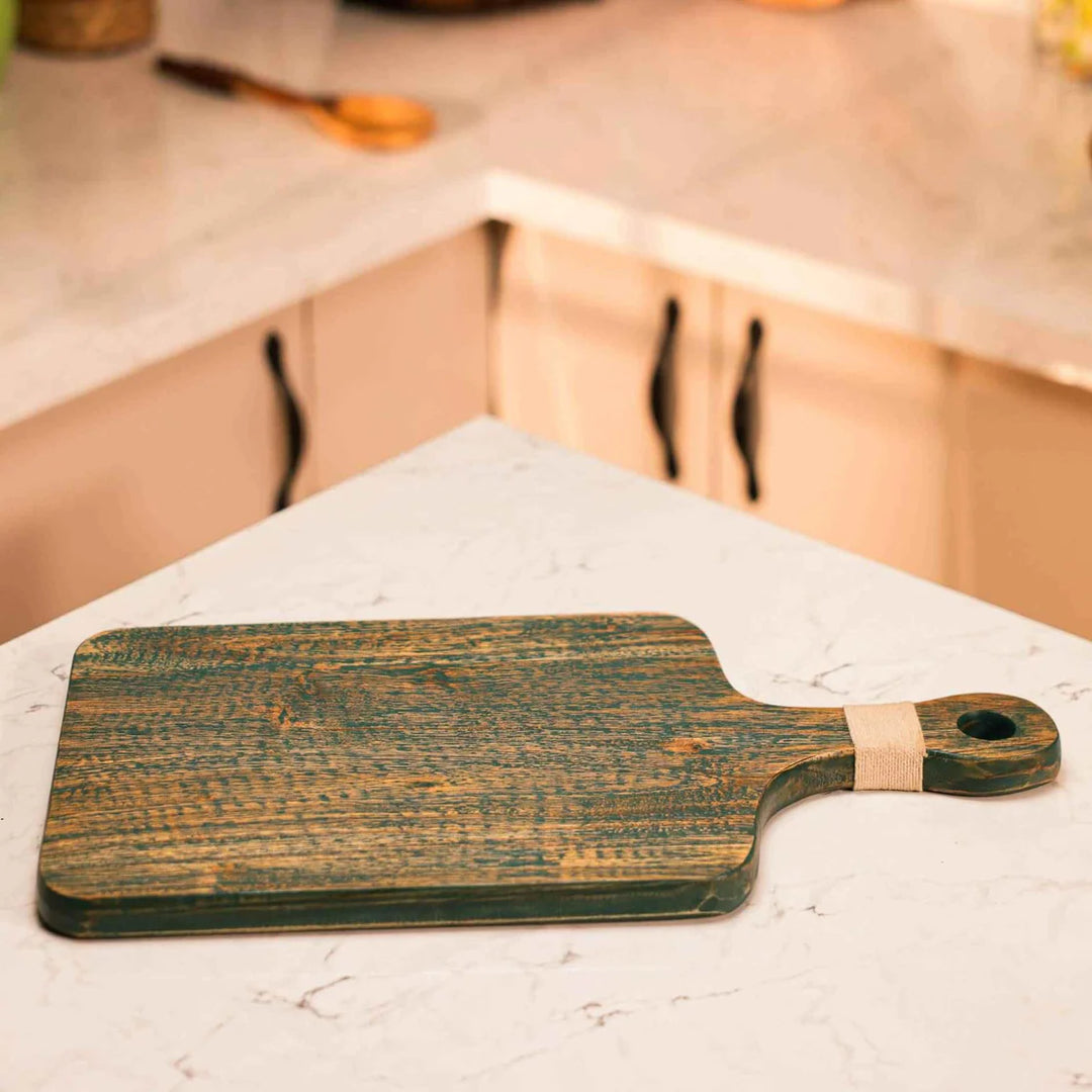Ireka Homes Chefio Acacia Wood Chopping Board - Handmade, Sustainable, Cut-Resistant - Rattan Handle with Grey Finish - Perfect for Vegetables, Meat, Cheese & Serving