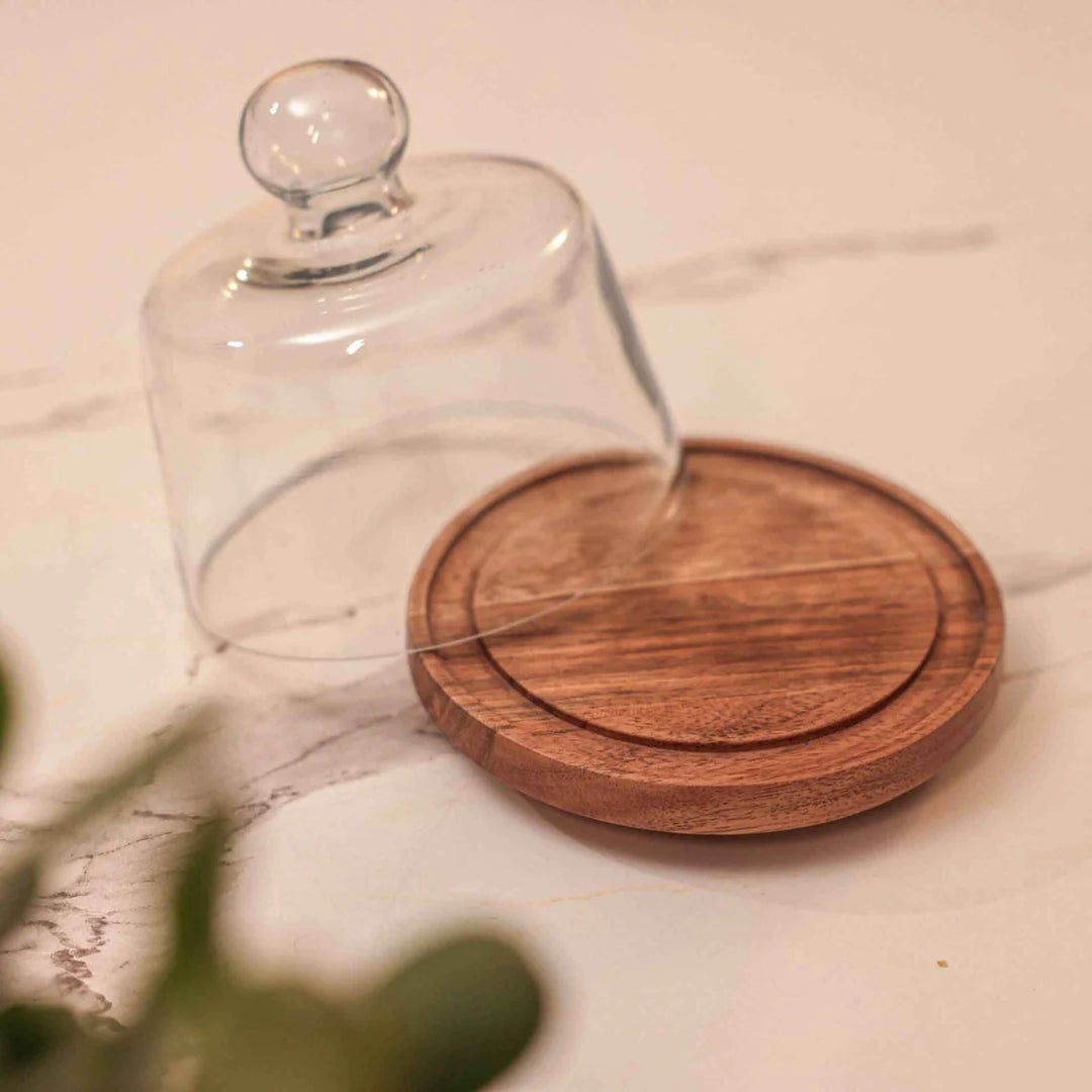 Ireka Homes Sugar Shell Acacia Wood Cake Stand with Glass Dome – Handmade, Sustainable, Foodsafe – Perfect for Cakes, Fruits, and Snacks