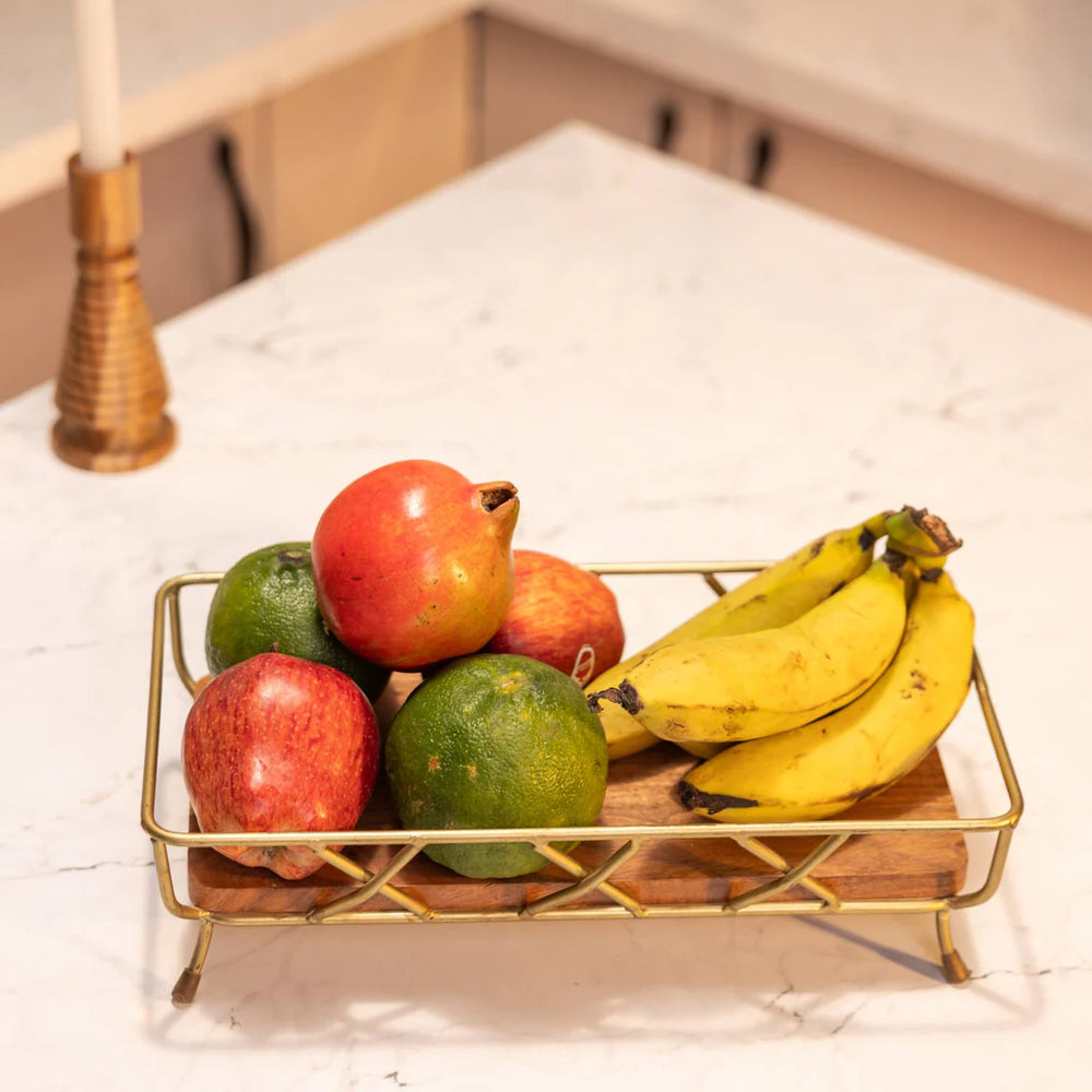 Ireka Homes Harvest Glow Basket – Handcrafted Acacia Wood & Metal Storage Basket – Sturdy Organizer for Fruits, Vegetables & Kitchen Essentials