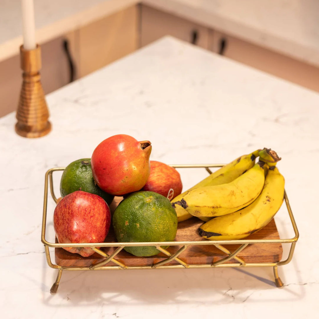 Ireka Homes Harvest Glow Basket – Handcrafted Acacia Wood & Metal Storage Basket – Sturdy Organizer for Fruits, Vegetables & Kitchen Essentials