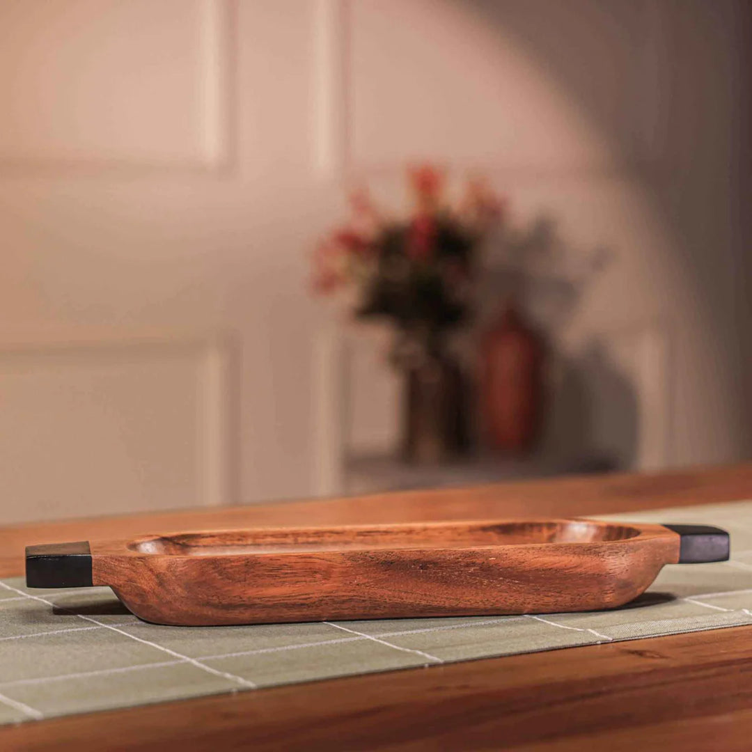Ireka Homes Multi-Purpose Paddle Up Serving Tray – Premium Acacia Wood Tray – Decorative Kitchen Tray for Serving Food, Drinks, Coffee, and Cheese (16x4.5 inches)
