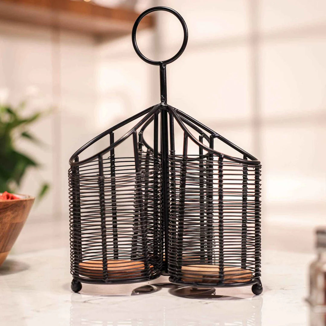 Ireka Homes Metal Mate Utensils Holder - Handcrafted Acacia Wood And Iron Handle Utensils Holder - Durable Utensil Organizer for Spoons, Spatulas, Ladles & Cooking Tools