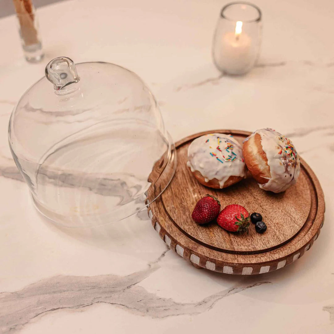 Ireka Homes Sugar Sphere Acacia Wood Cake Stand with Glass Dome – Handmade, Sustainable, Foodsafe – Perfect for Cakes, Fruits, and Snacks