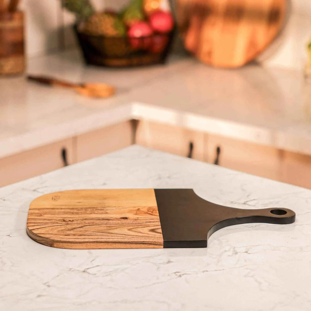 Ireka Homes SnipSnap Acacia Wood Chopping Board - Handmade, Sustainable, Cut-Resistant - Black Deco Finish Handle - Perfect for Vegetables, Meat, Cheese & Serving