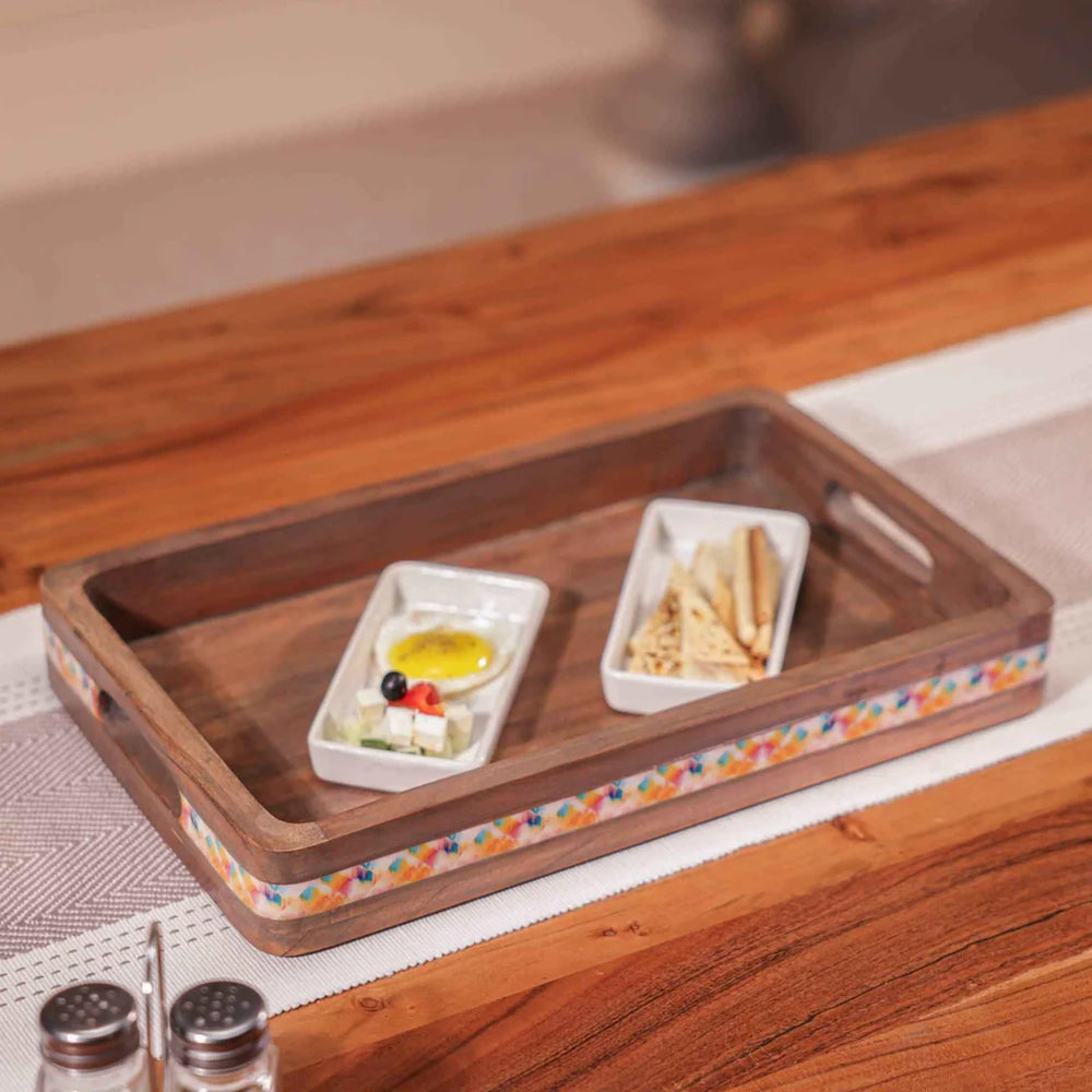 Ireka Homes Multi-Purpose Swagatam Serving Tray – Premium Acacia Wood Tray – Decorative Kitchen Tray for Serving Food, Drinks, Coffee, and Cheese (16x10 inches)