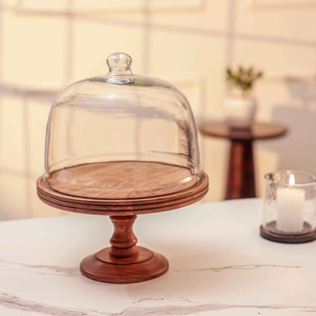 Ireka Homes Party Bell Acacia Wood Cake Stand with Glass Dome – Handmade, Sustainable, Foodsafe – Perfect for Cakes, Fruits, and Snacks