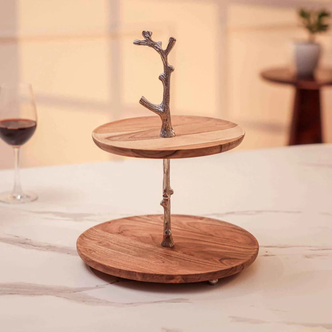 Ireka Home Treat Tree Acacia Wood Two-Tier Serving Stand | Dessert & Cupcake Display | Tea Party Pastry Serving Platter in Gift Box