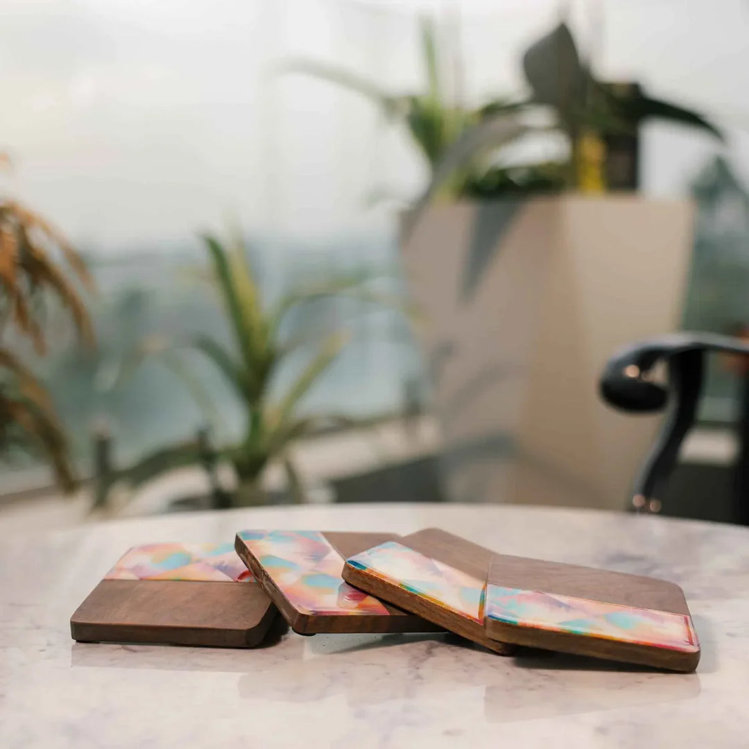 Ireka Homes Aurora Wood Coaster Set – Acacia Wood & Enamel– Ideal for Coffee Tables, Desks, & Gifting