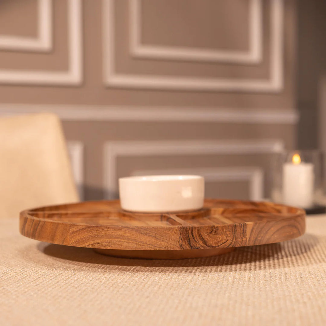 Ireka Homes Roll n Dip Lazy Susan - Premium Acacia Wood 360° Rotating Tray - Multipurpose Lazy Susan for Dining Table, Kitchen, Decor (16 x 16 x 4 inches)