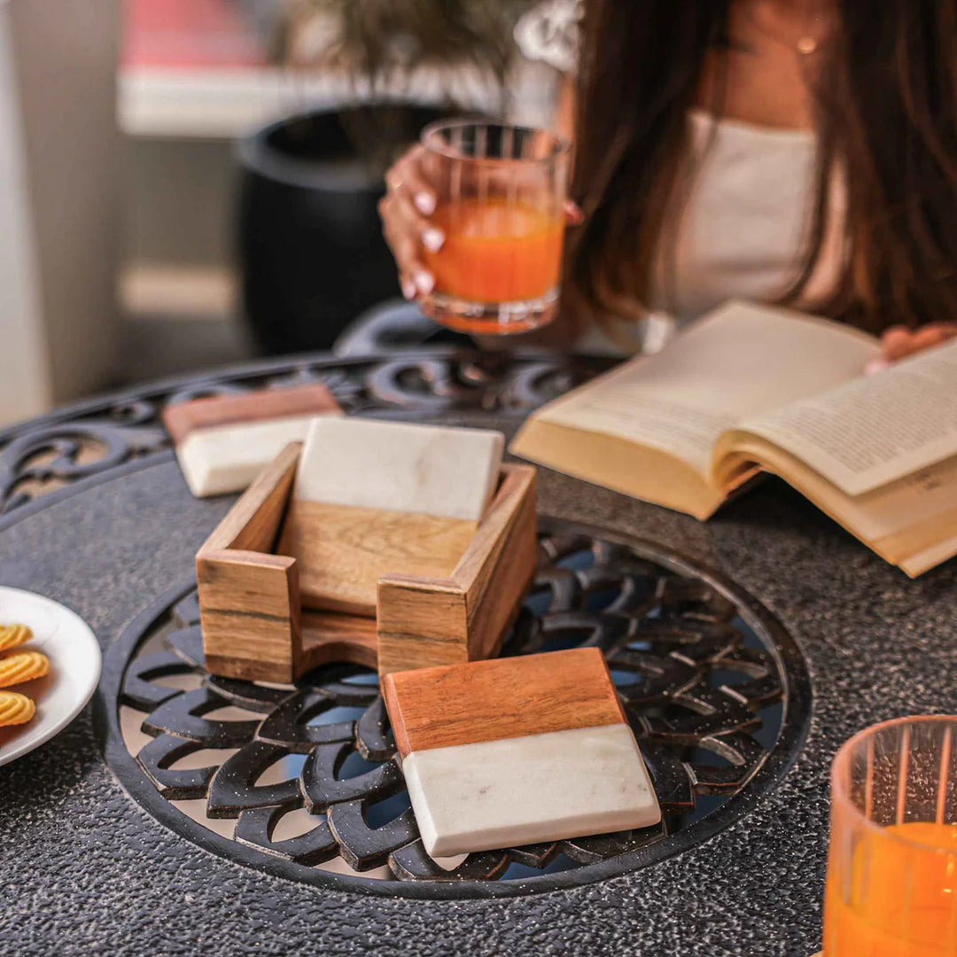 Ireka Homes Timber & Stone Coaster Set – Acacia Wood & Marble – Ideal for Coffee Tables, Desks, & Gifting