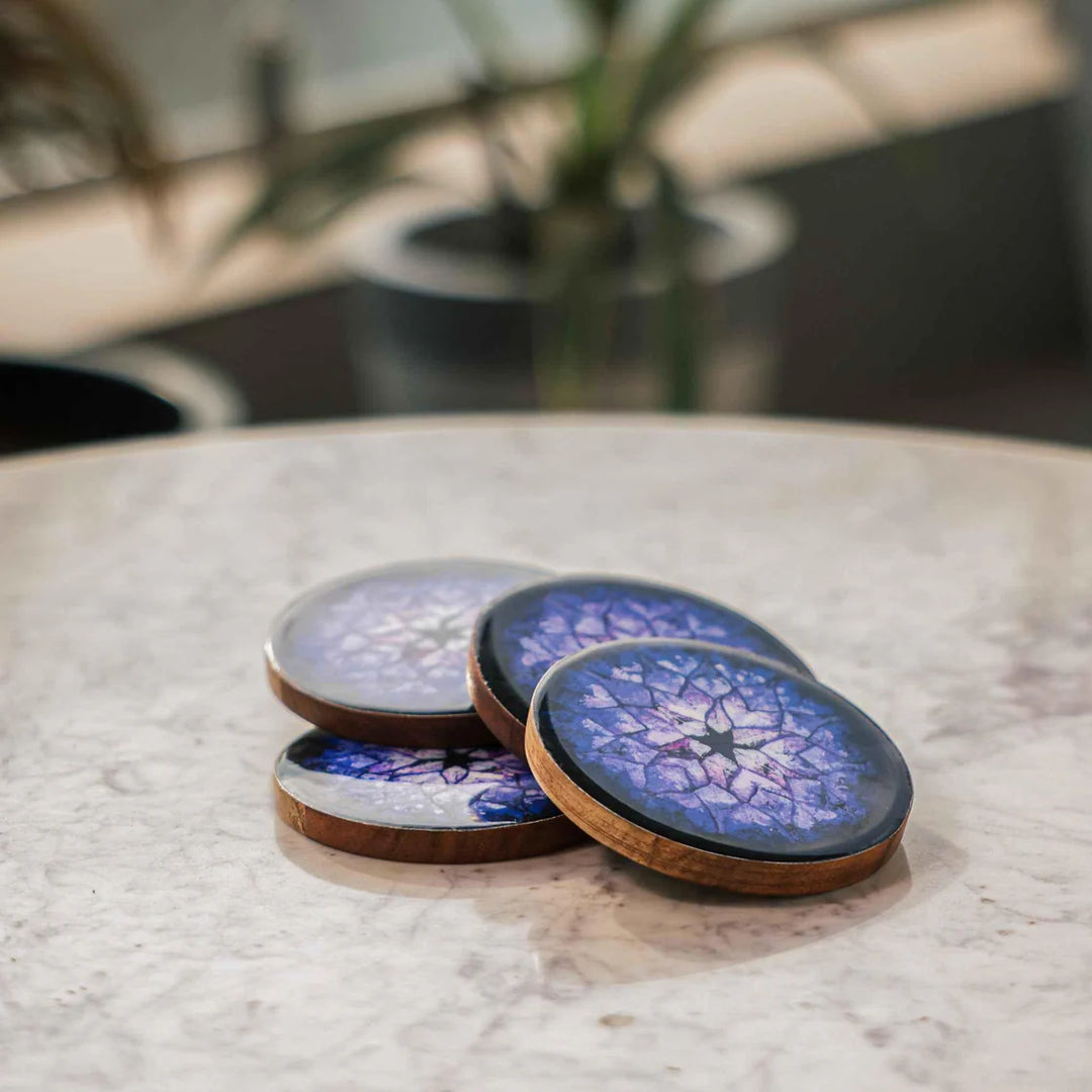 Ireka Homes Blue Nebula Coaster Set – Acacia Wood & Enamel– Ideal for Coffee Tables, Desks, & Gifting