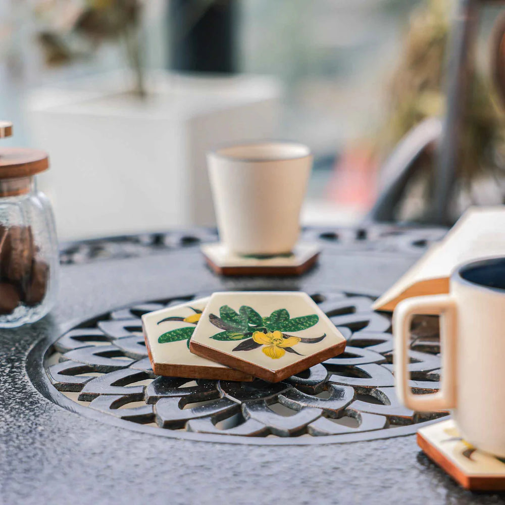 Ireka Homes Penta Bloom Coaster Set – Acacia Wood & Enamel– Ideal for Coffee Tables, Desks, & Gifting