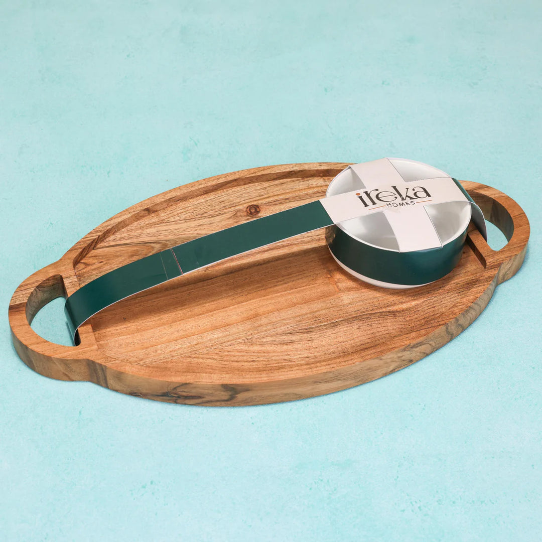Ireka Homes Ovaload Chip and Dip Platter – Handcrafted Acacia Wood Snack Tray with Ceramic Bowl – Stylish Platter for Chips, Crackers, and Dips (16x9x2.5 inches)