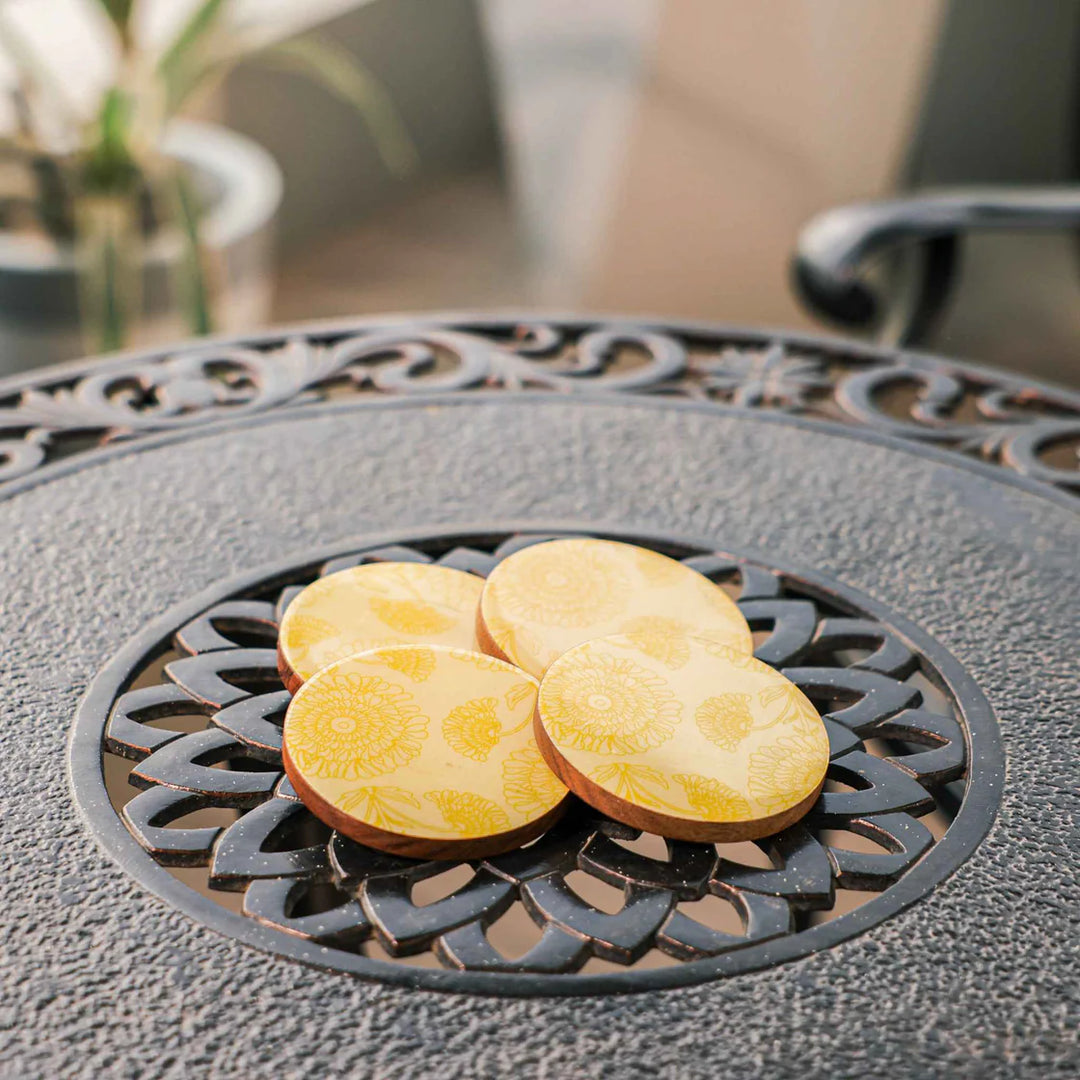 Ireka Homes Golden Bloom Coaster Set – Acacia Wood with Enamel - Ideal for Coffee Tables, Desks, & Gifting