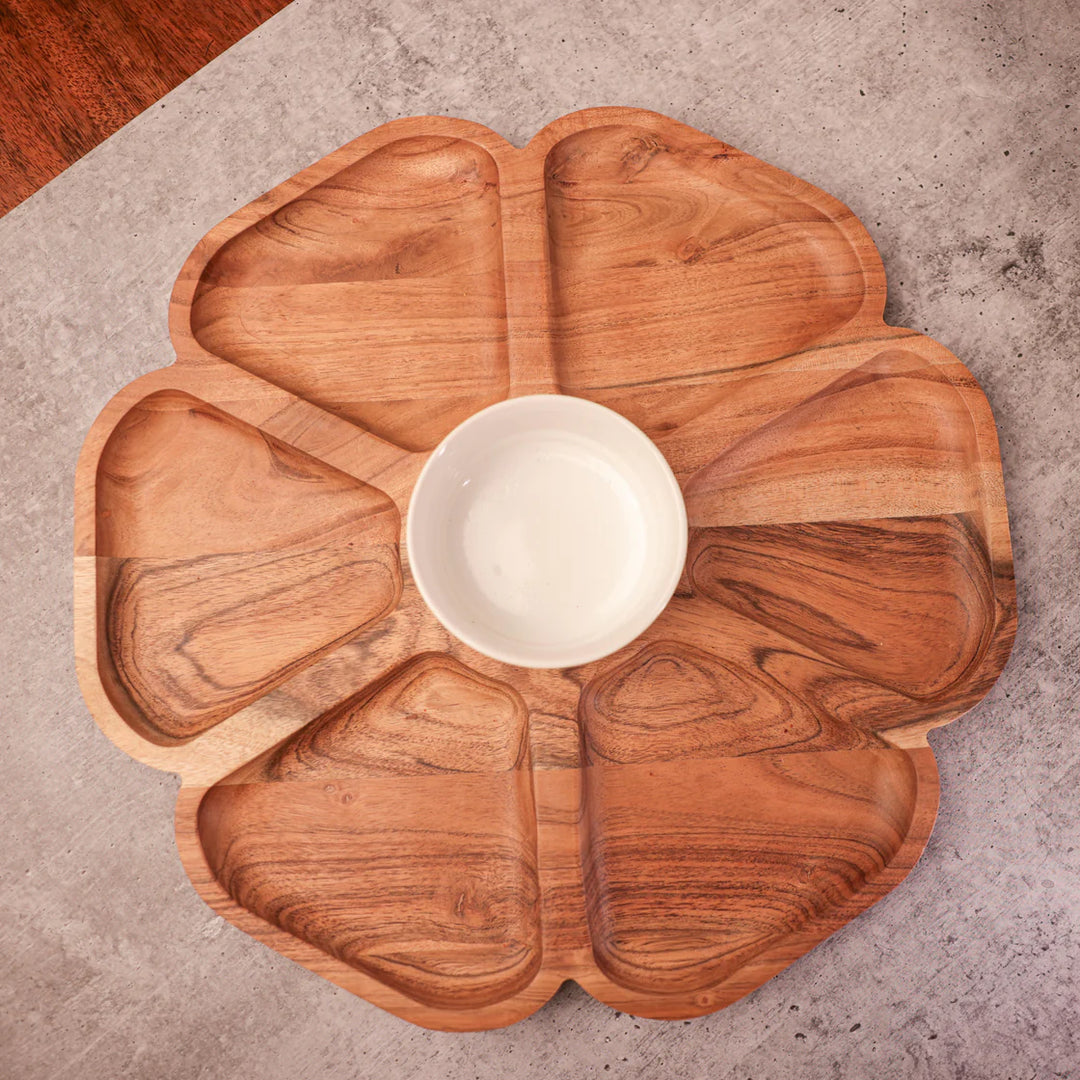 Ireka Homes FloraFeast Chip and Dip Platter – Handcrafted Acacia Wood Snack Tray with Ceramic Bowl – Stylish Platter for Chips, Crackers, and Dips (16x16x2.5 inches)