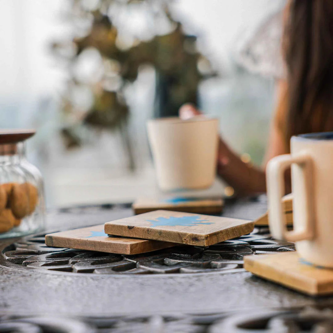 Ireka Homes Autumn Blue Coaster Set – Mango Wood & Marble – Ideal for Coffee Tables, Desks, & Gifting