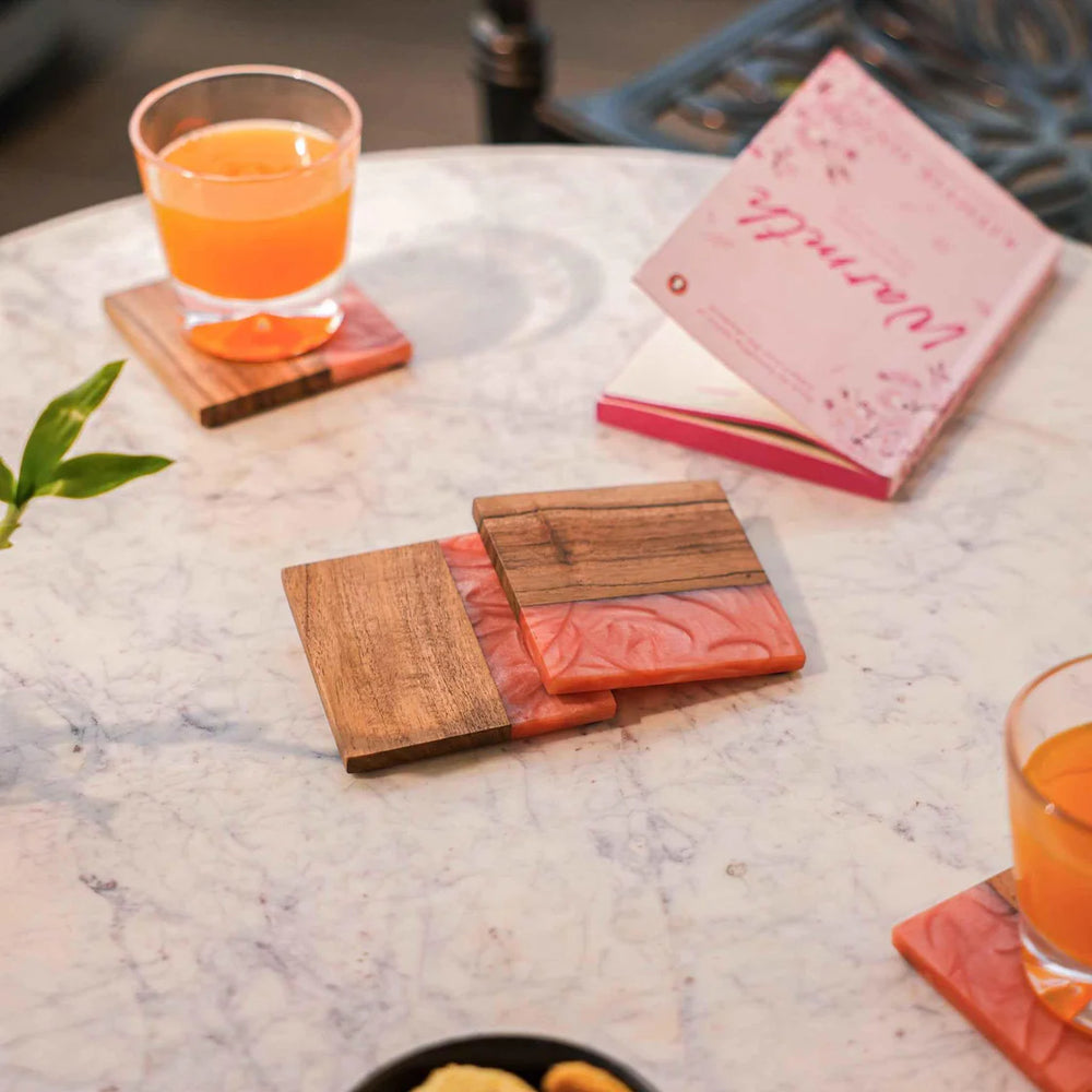 Ireka Homes Blush Tide Coaster Set – Acacia Wood and Resin– Ideal for Coffee Tables, Desks, & Gifting