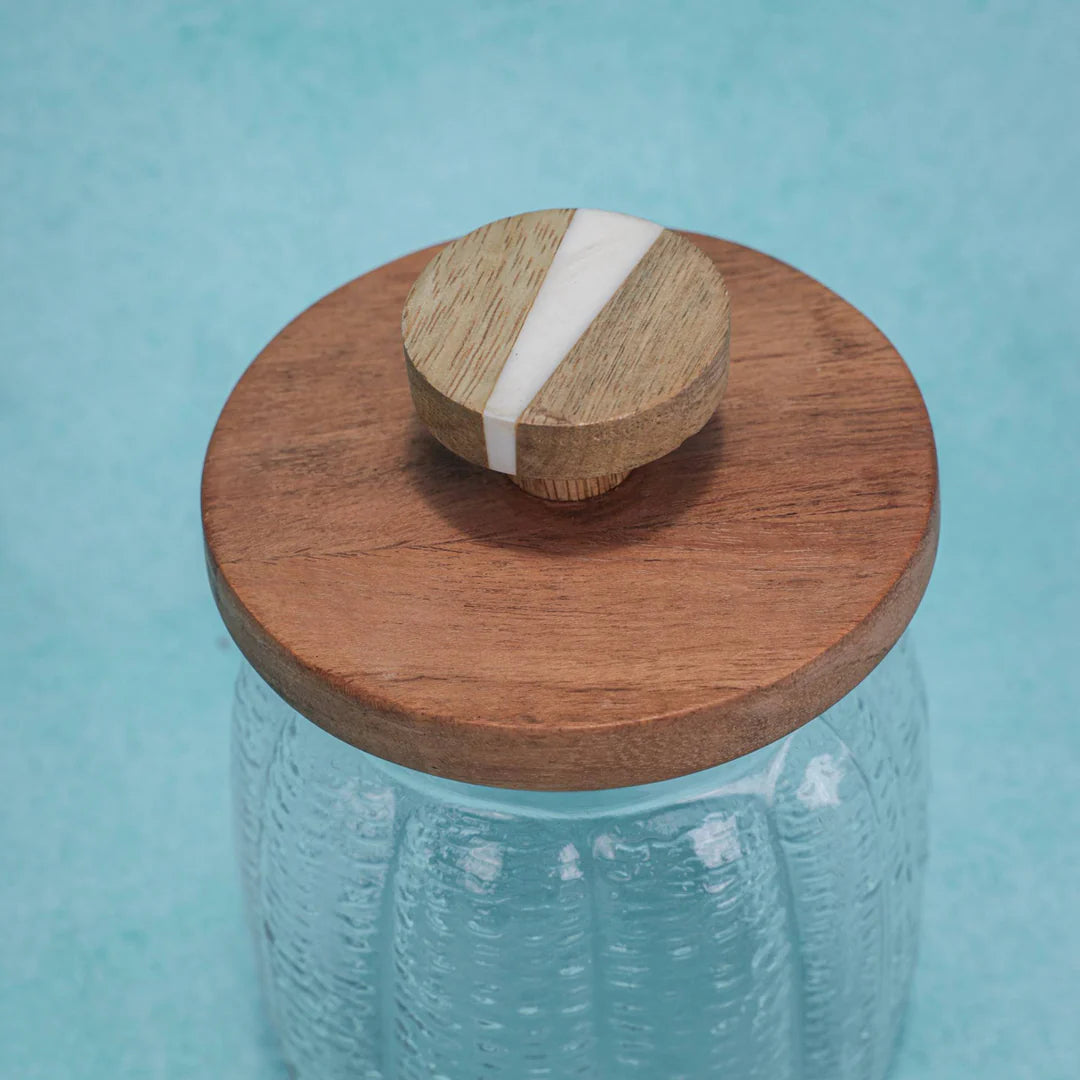Ireka Homes Premium Ripple Canister - Food-Safe Glass Storage Jar with Airtight Wooden Lid - Perfect for Coffee, Sugar, Snacks & More (4x5.5 inches)