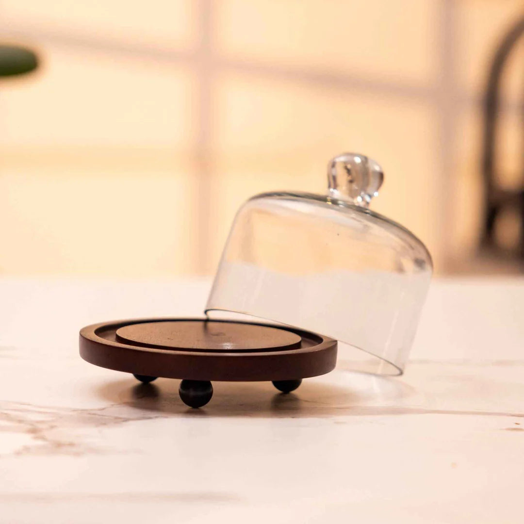 Ireka Homes Sugary Affair Acacia Wood Cake Stand with Glass Dome – Handmade, Sustainable, Foodsafe – Perfect for Cakes, Fruits, and Snacks