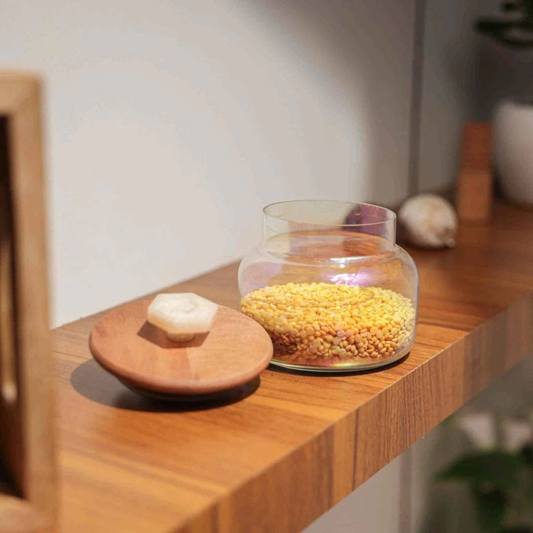 Ireka Homes Premium Halo Canister - Food-Safe Glass Storage Jar with Airtight Wooden Lid - Perfect for Coffee, Sugar, Snacks & More (5.5 x 5 inches)