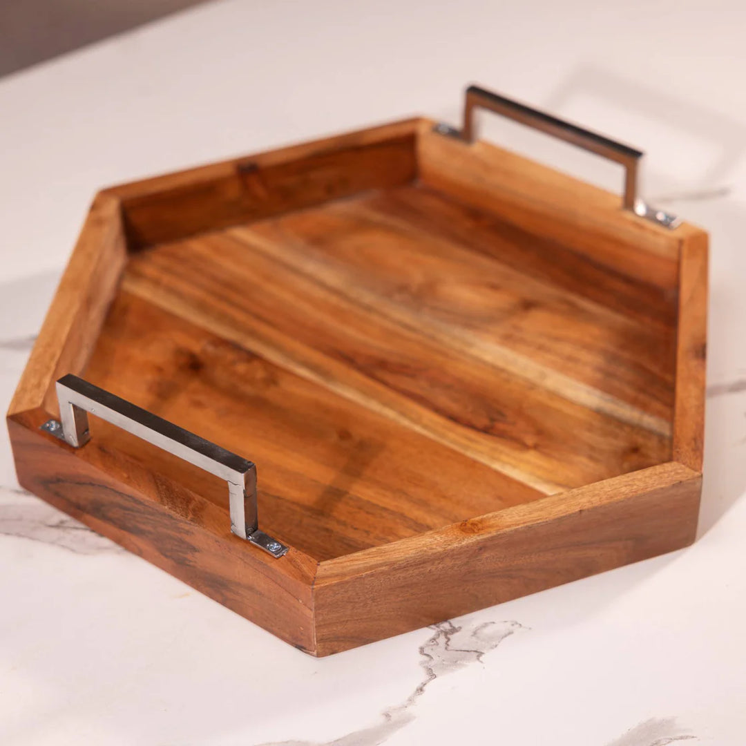 Ireka Homes Multi-Purpose Utsav Serving Tray – Premium Acacia Wood Tray – Decorative Kitchen Tray for Serving Food, Drinks, Coffee, and Cheese (16.5x14.5 inches)