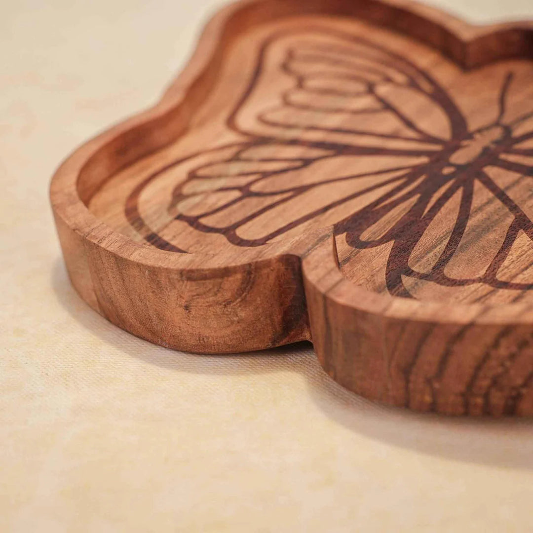 Ireka Homes Multi-Purpose Butterfly Effect Serving Platter - Premium Acacia Wood Platter - Decorative Kitchen Platter for Serving Food, Drinks, Coffee, and Cheese (10.5x8 inches)