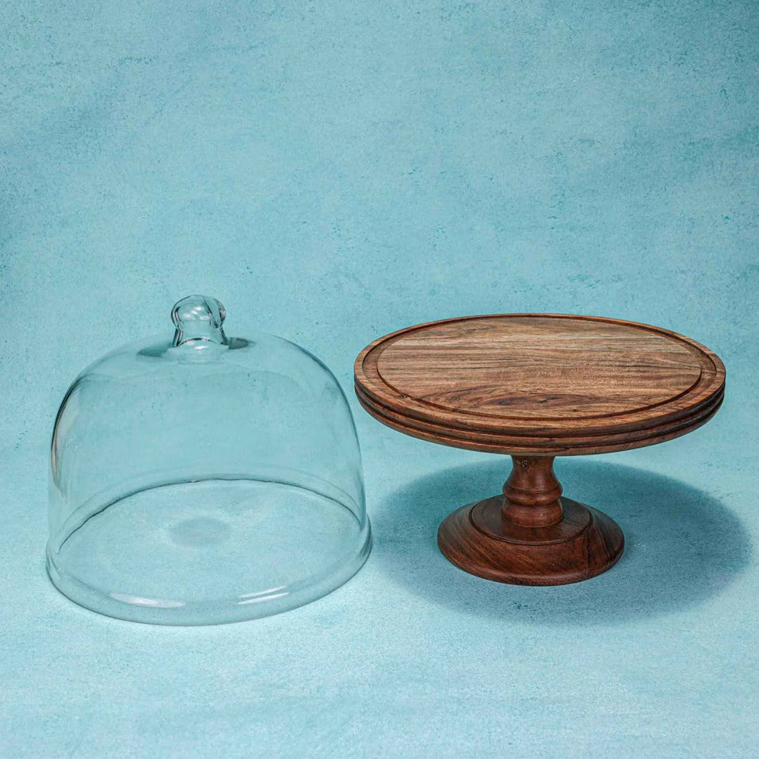 Ireka Homes Party Bell Acacia Wood Cake Stand with Glass Dome – Handmade, Sustainable, Foodsafe – Perfect for Cakes, Fruits, and Snacks