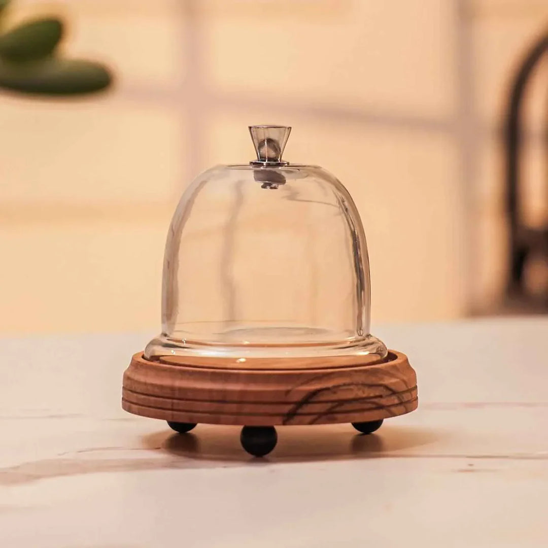 Ireka Homes Candy Glow Acacia Wood Cake Stand with Glass Dome – Handmade, Sustainable, Foodsafe – Perfect for Cakes, Fruits, and Snacks