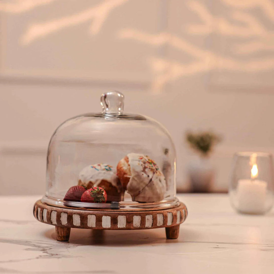 Ireka Homes Sugar Sphere Acacia Wood Cake Stand with Glass Dome – Handmade, Sustainable, Foodsafe – Perfect for Cakes, Fruits, and Snacks