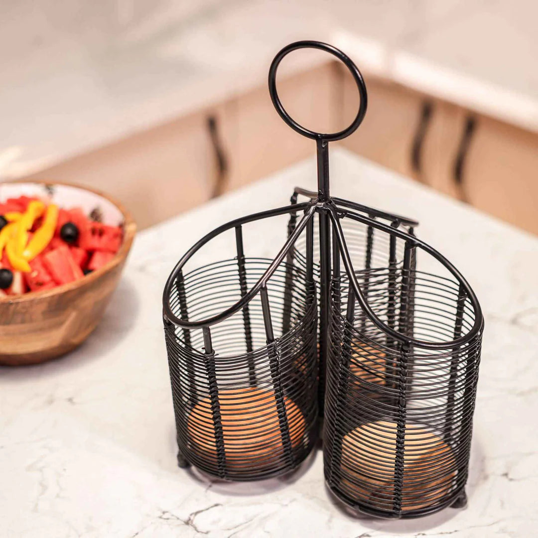 Ireka Homes Metal Mate Utensils Holder - Handcrafted Acacia Wood And Iron Handle Utensils Holder - Durable Utensil Organizer for Spoons, Spatulas, Ladles & Cooking Tools