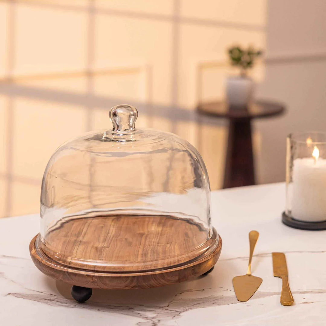 Ireka Homes Pastry Pod Acacia Wood Cake Stand with Glass Dome – Handmade, Sustainable, Foodsafe – Perfect for Cakes, Fruits, and Snacks
