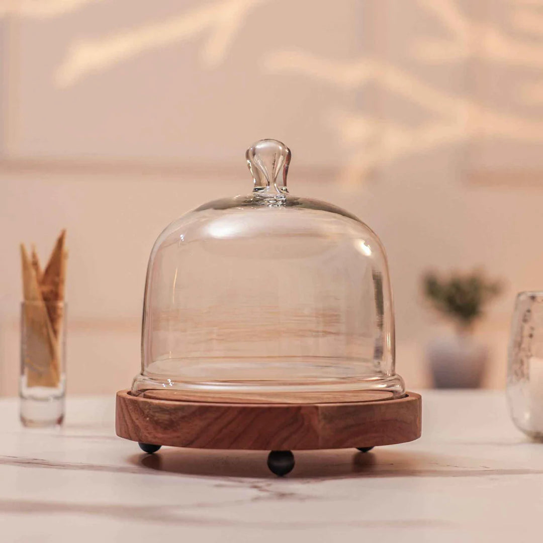 Ireka Homes Sweet Haven Acacia Wood Cake Stand with Glass Dome – Handmade, Sustainable, Foodsafe – Perfect for Cakes, Fruits, and Snacks