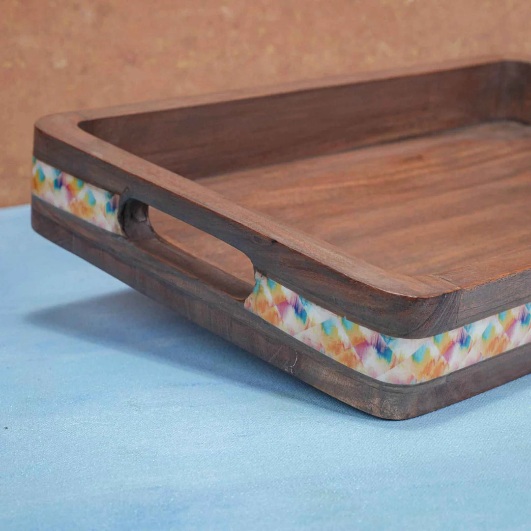 Ireka Homes Multi-Purpose Swagatam Serving Tray – Premium Acacia Wood Tray – Decorative Kitchen Tray for Serving Food, Drinks, Coffee, and Cheese (16x10 inches)