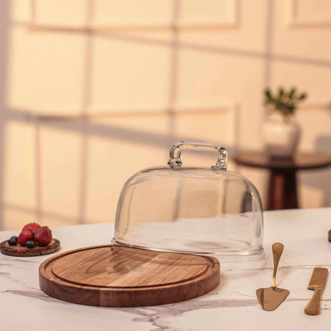 Ireka Homes Sweet Vault Acacia Wood Cake Stand with Glass Dome – Handmade, Sustainable, Foodsafe – Perfect for Cakes, Fruits, and Snacks
