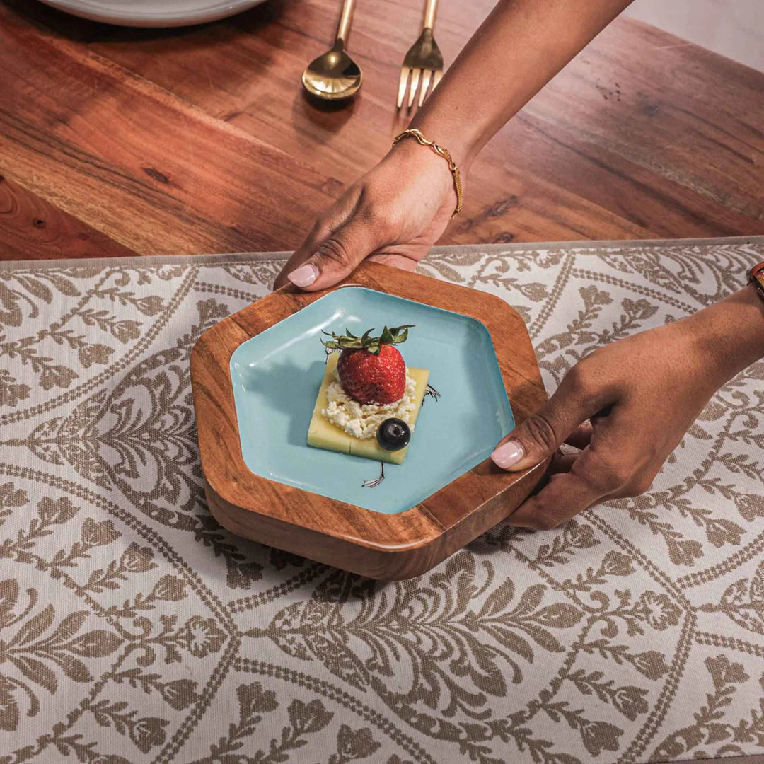 Ireka Homes Multi-Purpose Pentingo Serving Platter - Premium Acacia Wood Platter With Enamel Coating - Decorative Kitchen Platter for Serving Food, Drinks, Coffee, and Cheese (7 inches)
