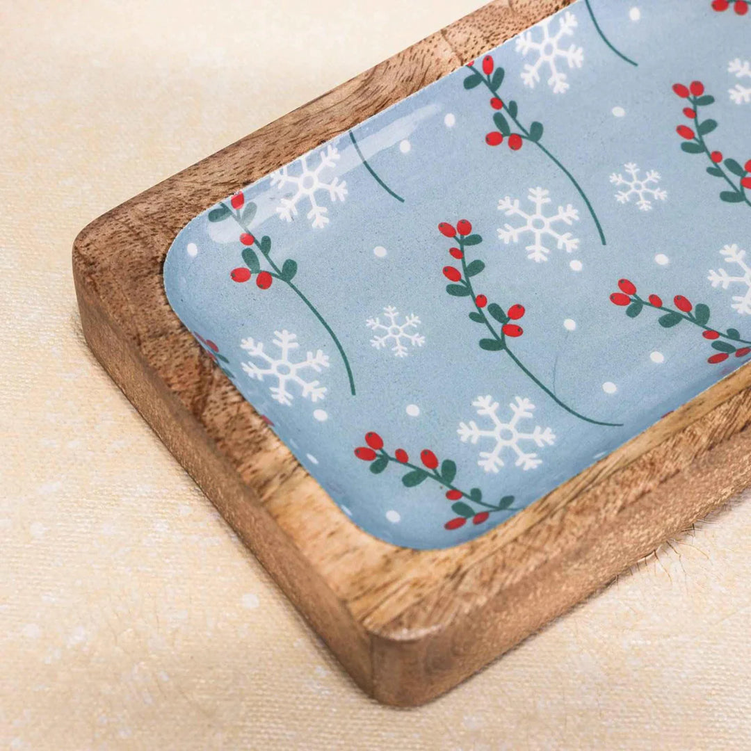 Ireka Homes Multi-Purpose Bluetiful Bites Serving Platter - Premium Mango Wood Platter With Enamel Coating - Decorative Kitchen Platter for Serving Food, Drinks, Coffee, and Cheese (12x4 inches)